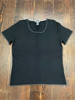 Saks Fifth Avenue 100% Cashmere Black White Piping Short Sleeve Tee Size Small